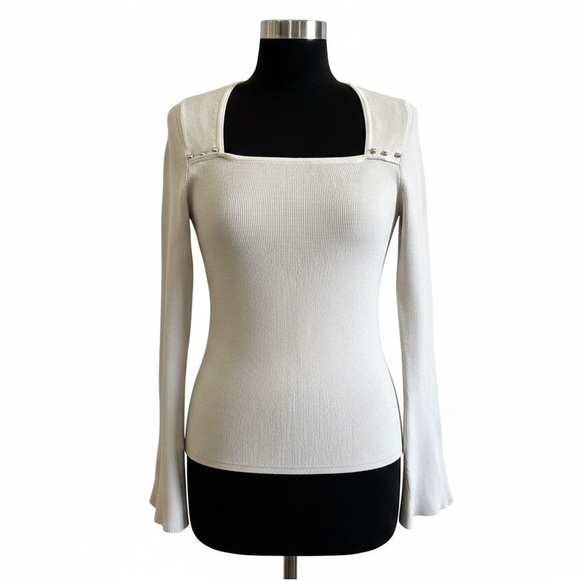 White House Black Market Cream Long Bell Sleeve Knit Top XS - Picture 1 of 10